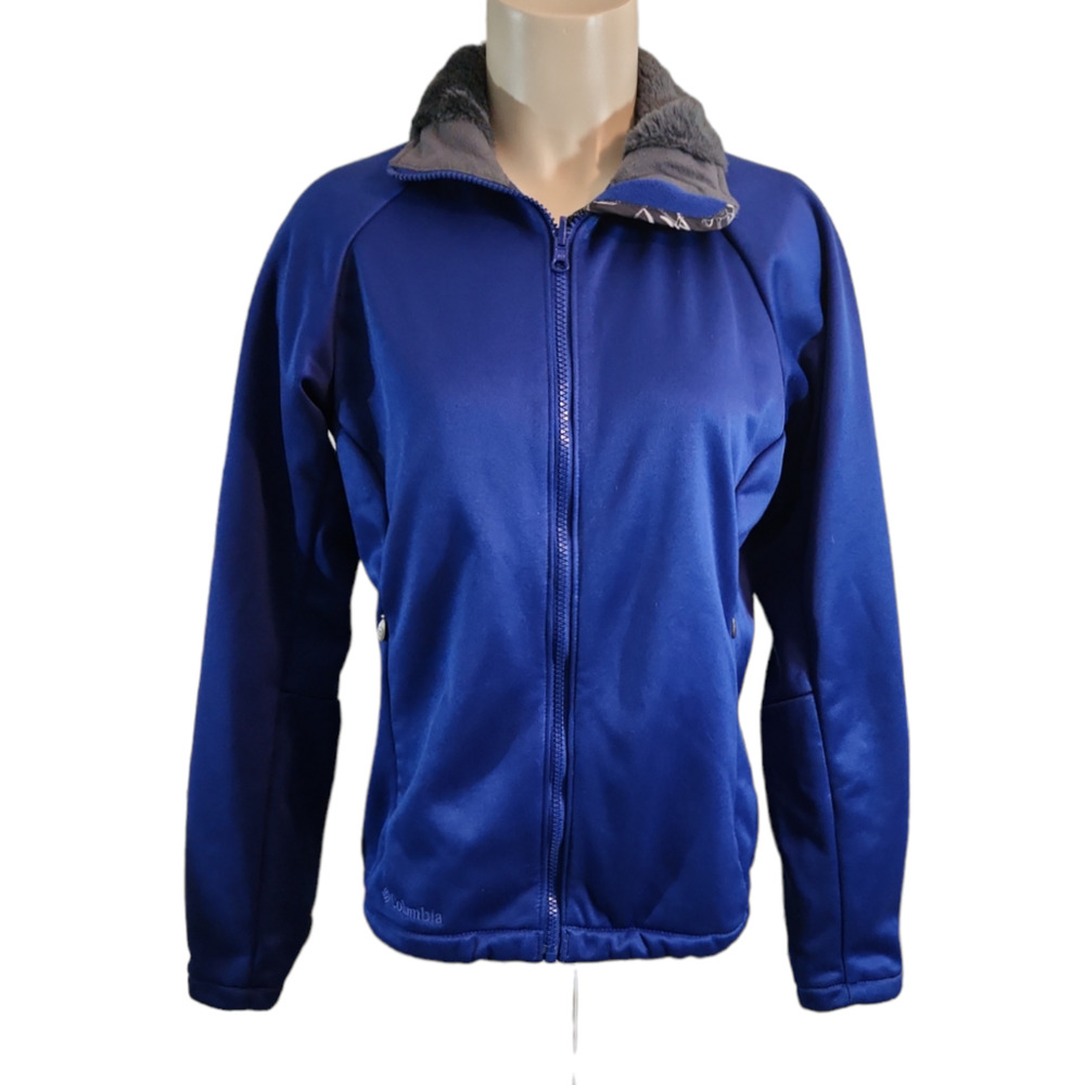 Columbia Zip-Up Interchange Jacket Sz M Blue Zip Pockets Faux Fur Collar Lined